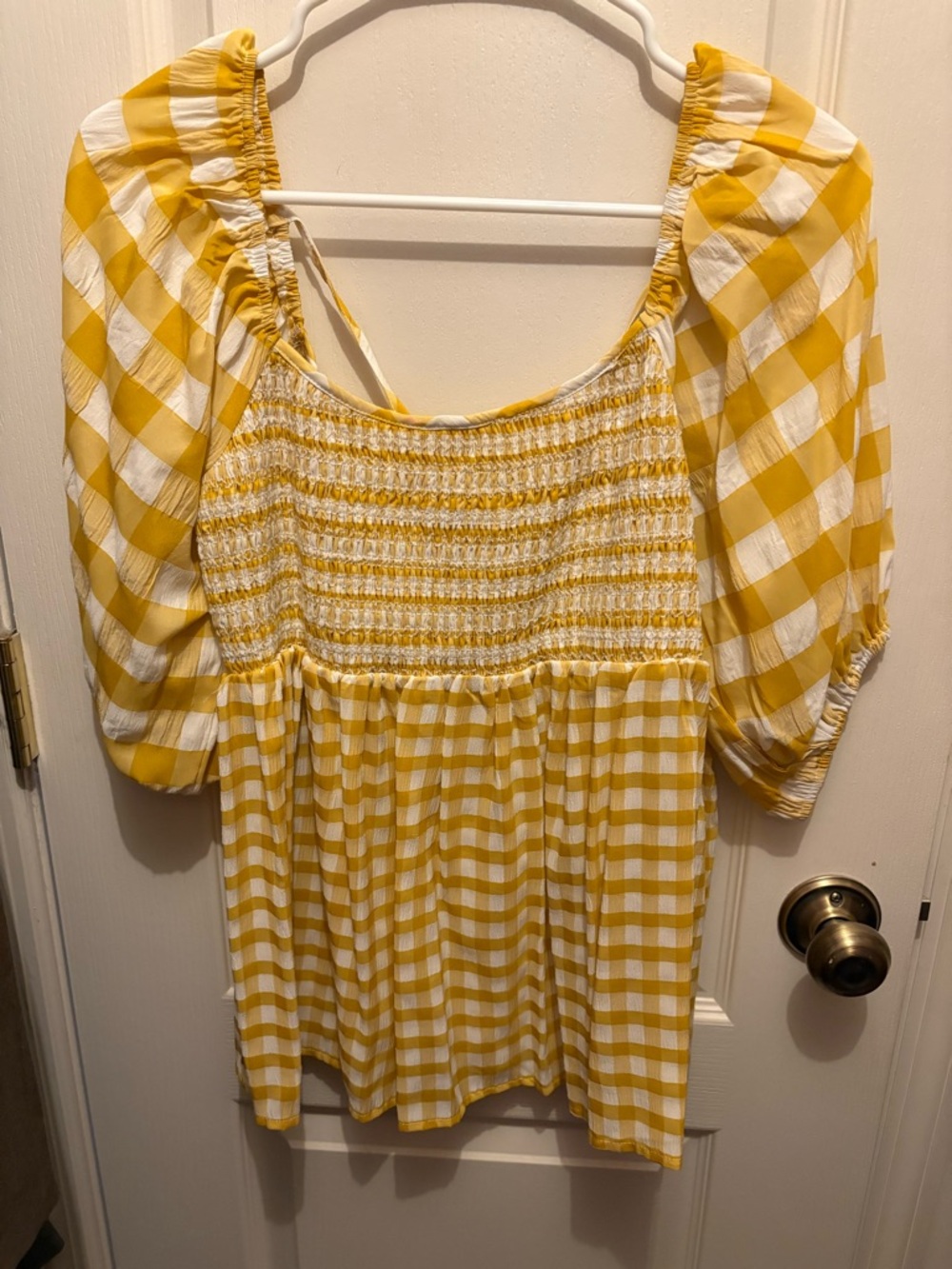 Yellow Gingham Smocked Peasant Top - Women